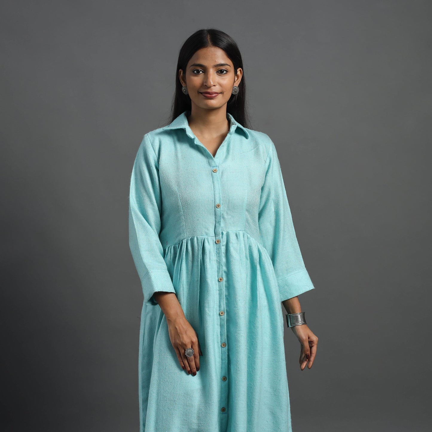 Buy Alisha Light Blue Plain Button Down Woollen Dress Online