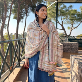 Multicolor Allover Kutch Hand Embroidery Woollen Shawl, worn by a model, AI visual of the shawl, iTokri