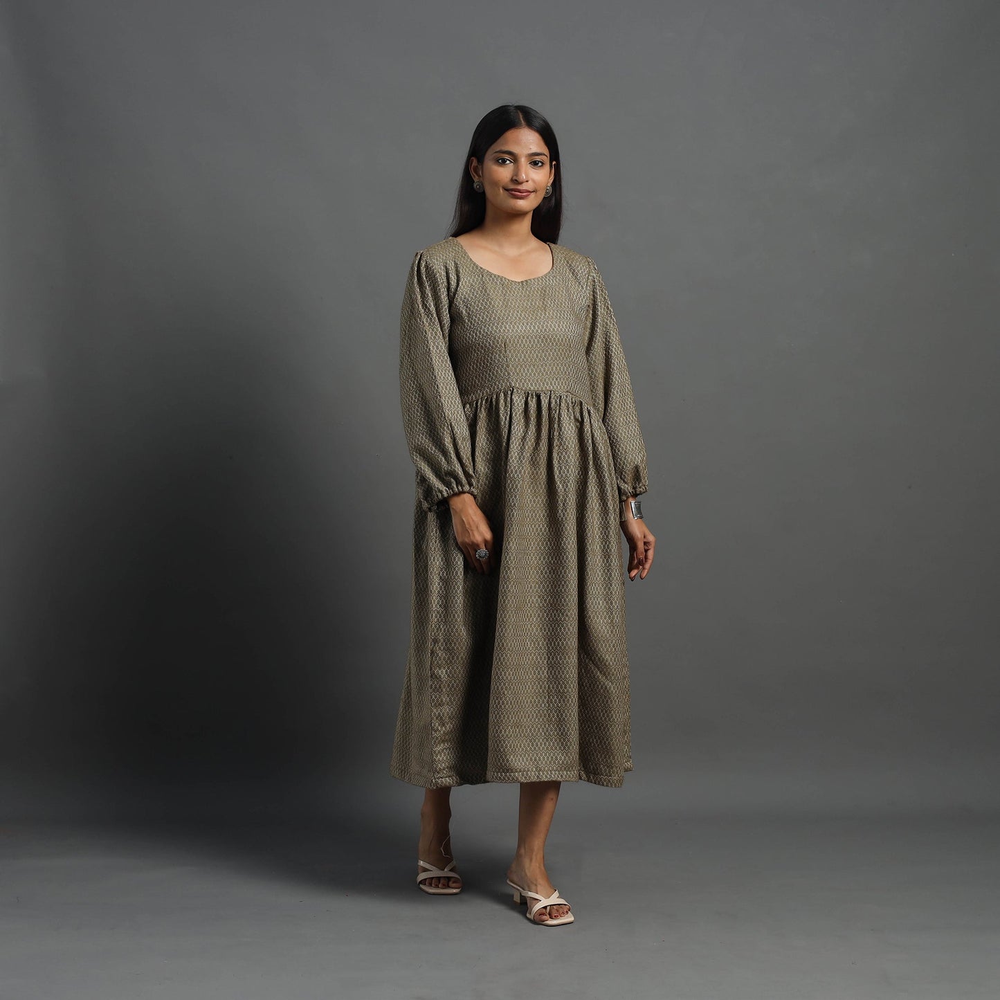 Ananya brown plain flared woolen dress 04 - handcrafted