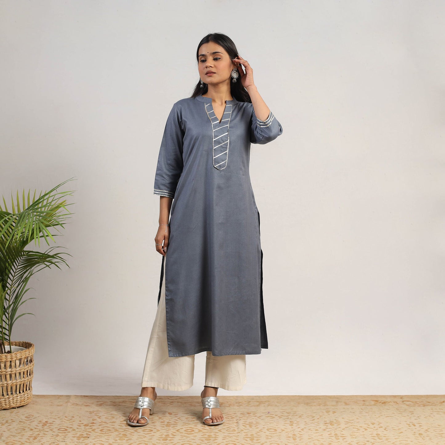 Buy Ananya Grey Linen Cotton Plain Kurta with Gota Work