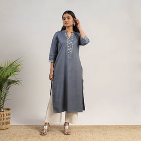 Buy Ananya Grey Linen Cotton Plain Kurta with Gota Work