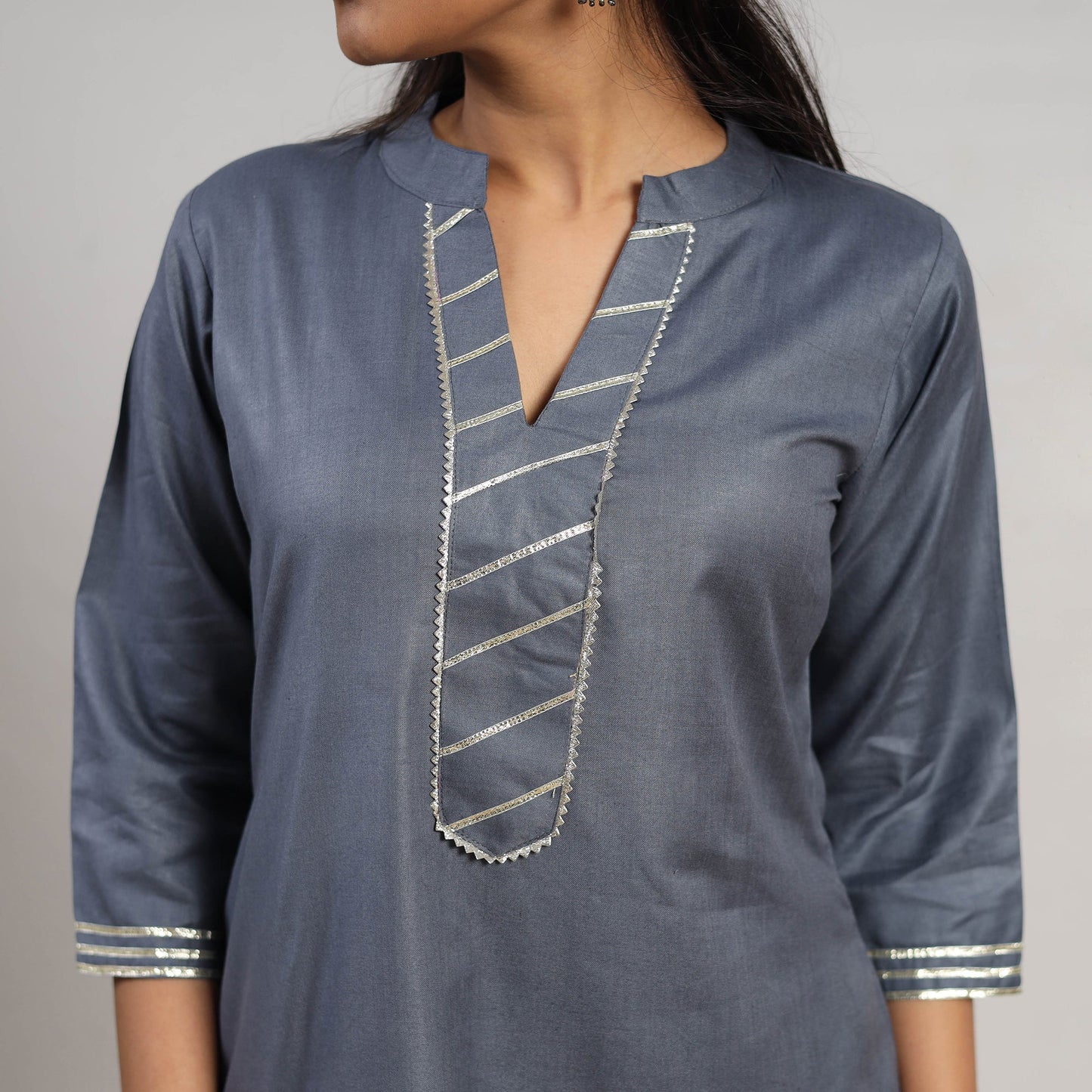 Buy Ananya Grey Linen Cotton Plain Kurta with Gota Work
