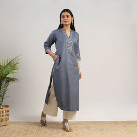 Buy Ananya Grey Linen Cotton Plain Kurta with Gota Work