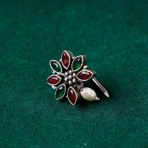  Antique Silver Finish Oxidised Brass Base Stone Work Juda Pin 