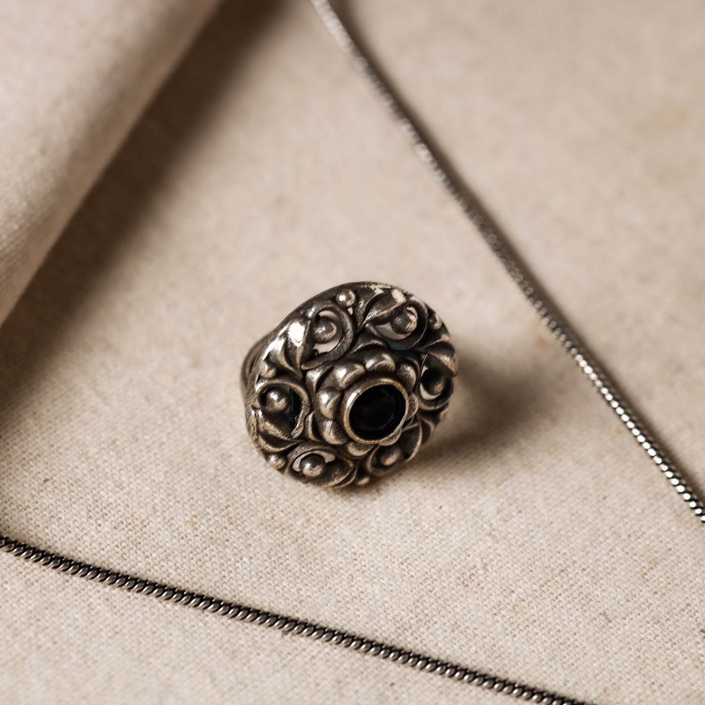  Antique Silver Finish Oxidised Brass Base Stone Work Necklace Set with Ring 