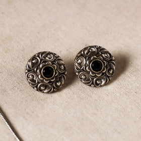  Antique Silver Finish Oxidised Brass Base Stone Work Necklace Set with Ring 