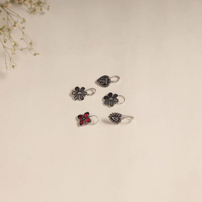 Antique silver finish oxidised stone work nosepin (set