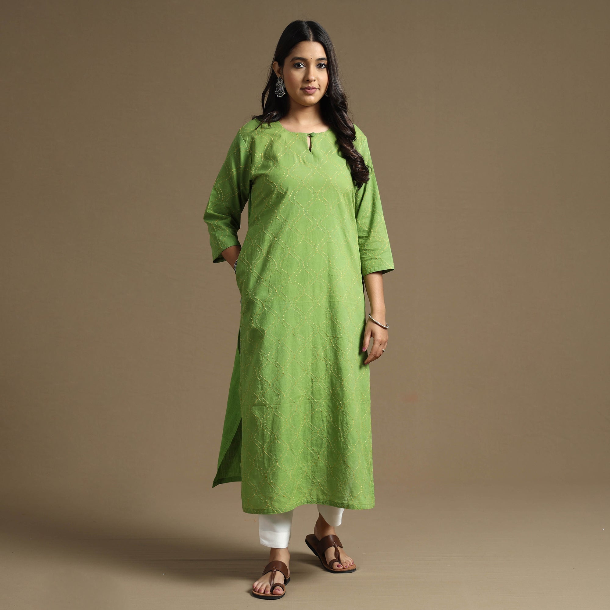 Apple green plain cotton tagai work long kurta - handcrafted