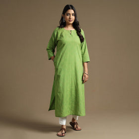Apple green plain cotton tagai work long kurta - handcrafted