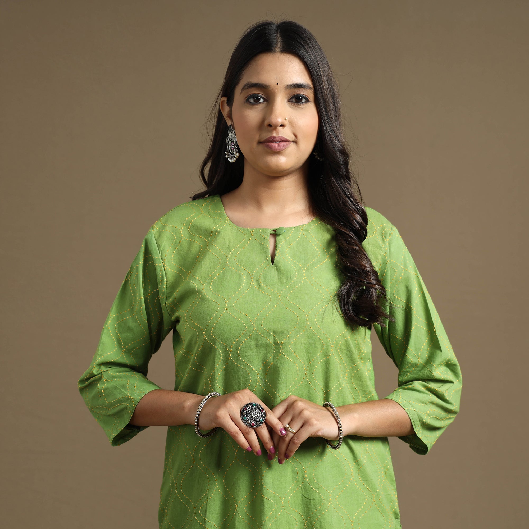 Apple green plain cotton tagai work long kurta - handcrafted