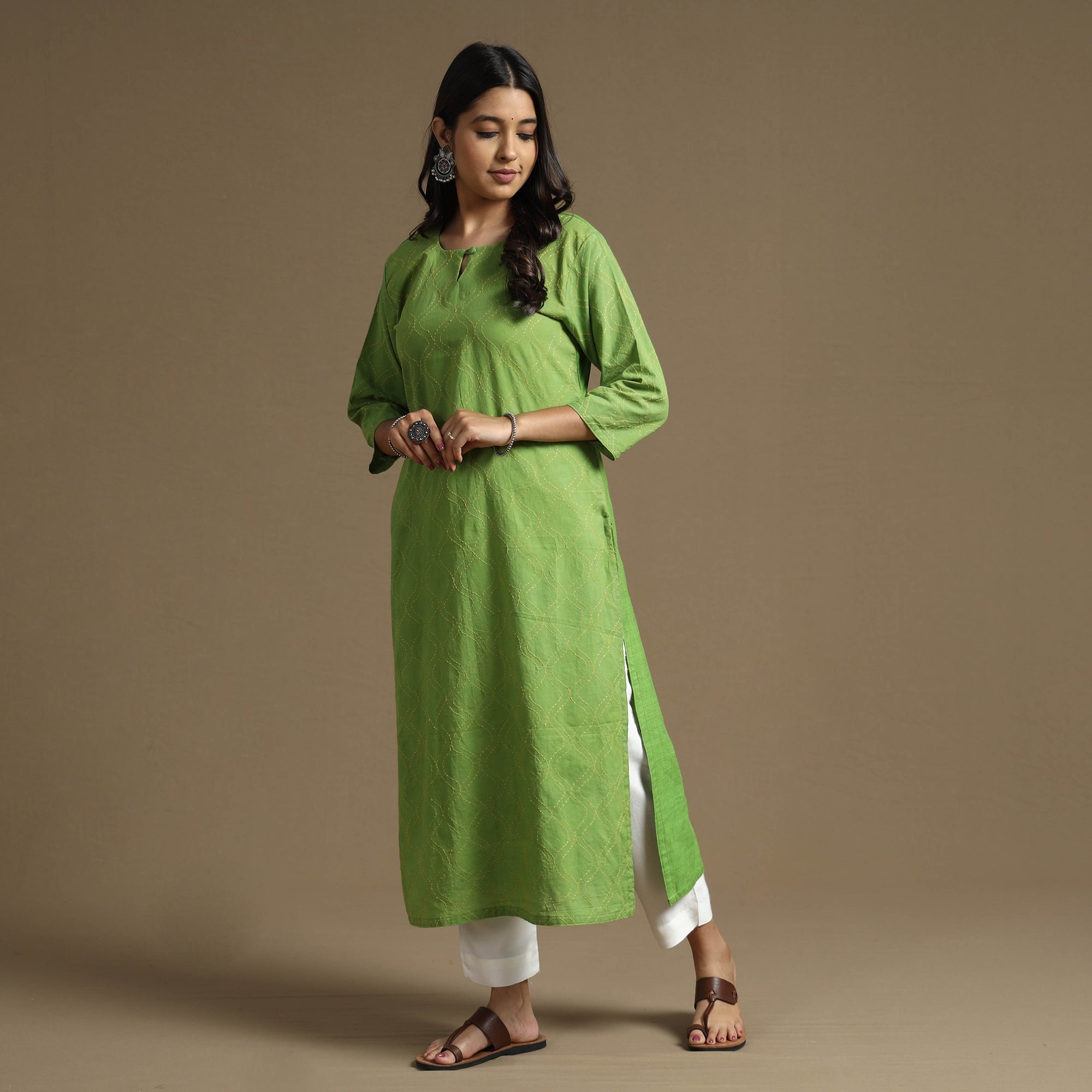Apple green plain cotton tagai work long kurta - handcrafted