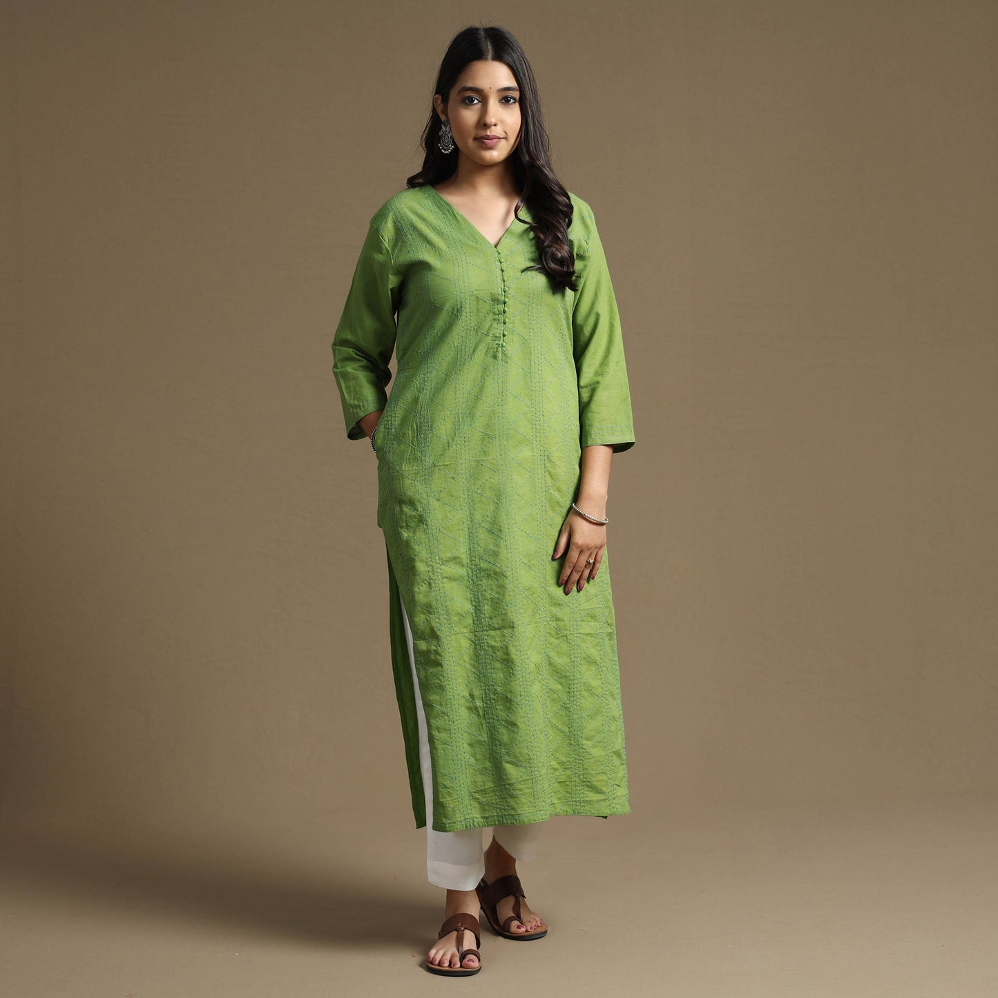  Plain Cotton Tagai Work Long Kurta 