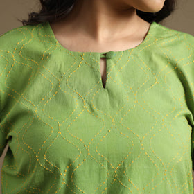Apple green plain cotton tagai work long kurta - handcrafted