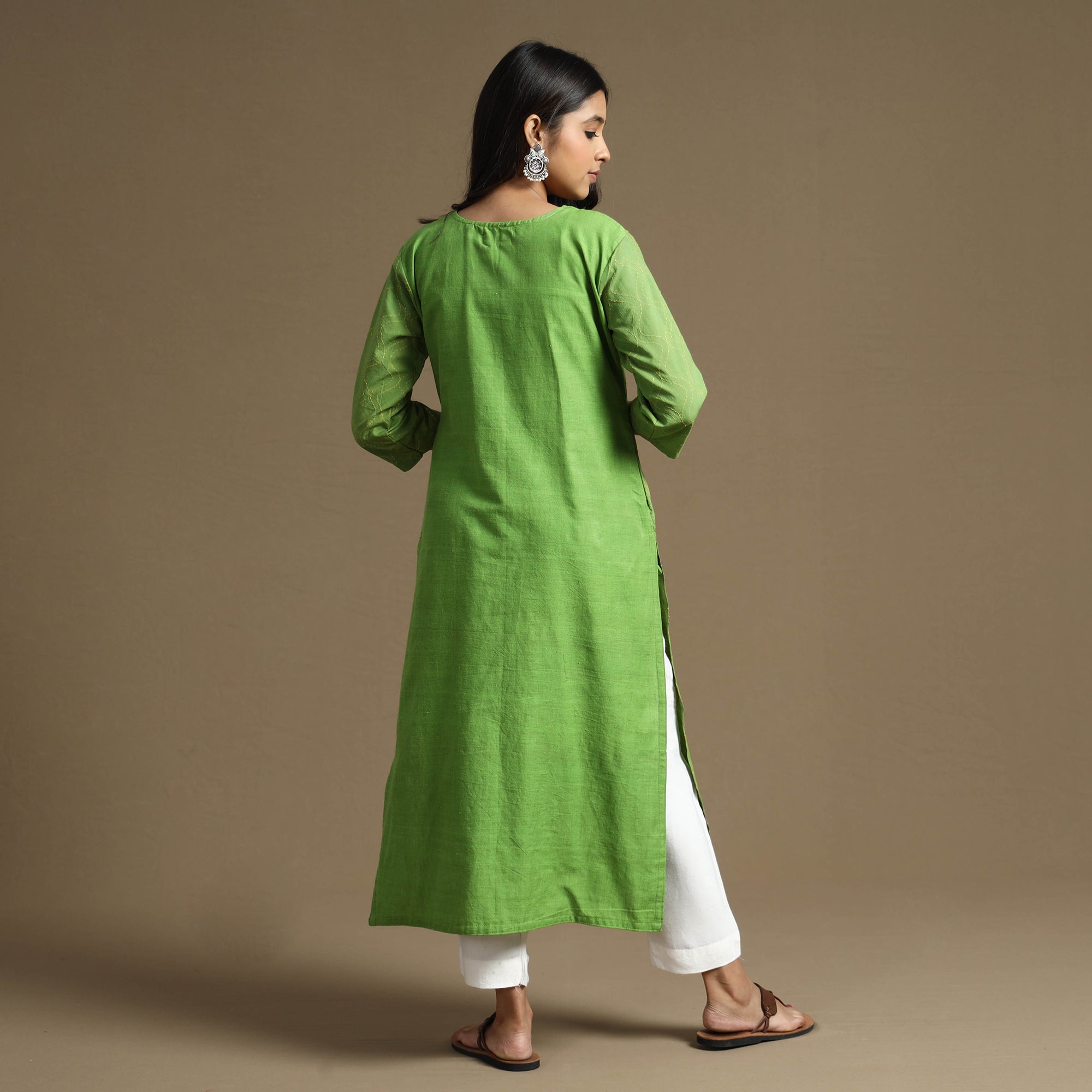 Apple green plain cotton tagai work long kurta - handcrafted