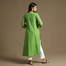 Apple green plain cotton tagai work long kurta - handcrafted