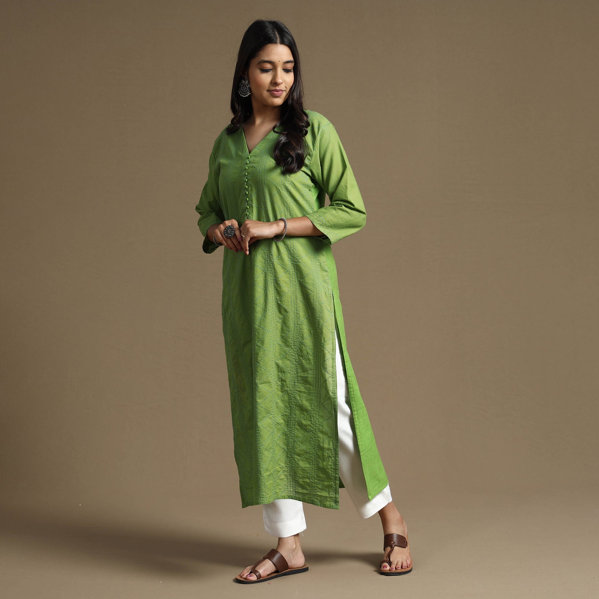  Plain Cotton Tagai Work Long Kurta 