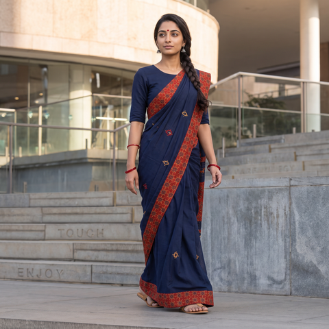 Blue Applique Patchwork Mul Cotton Tagai Ajrakh Saree, draped and worn by a woman, AI visual of the saree, iTokri