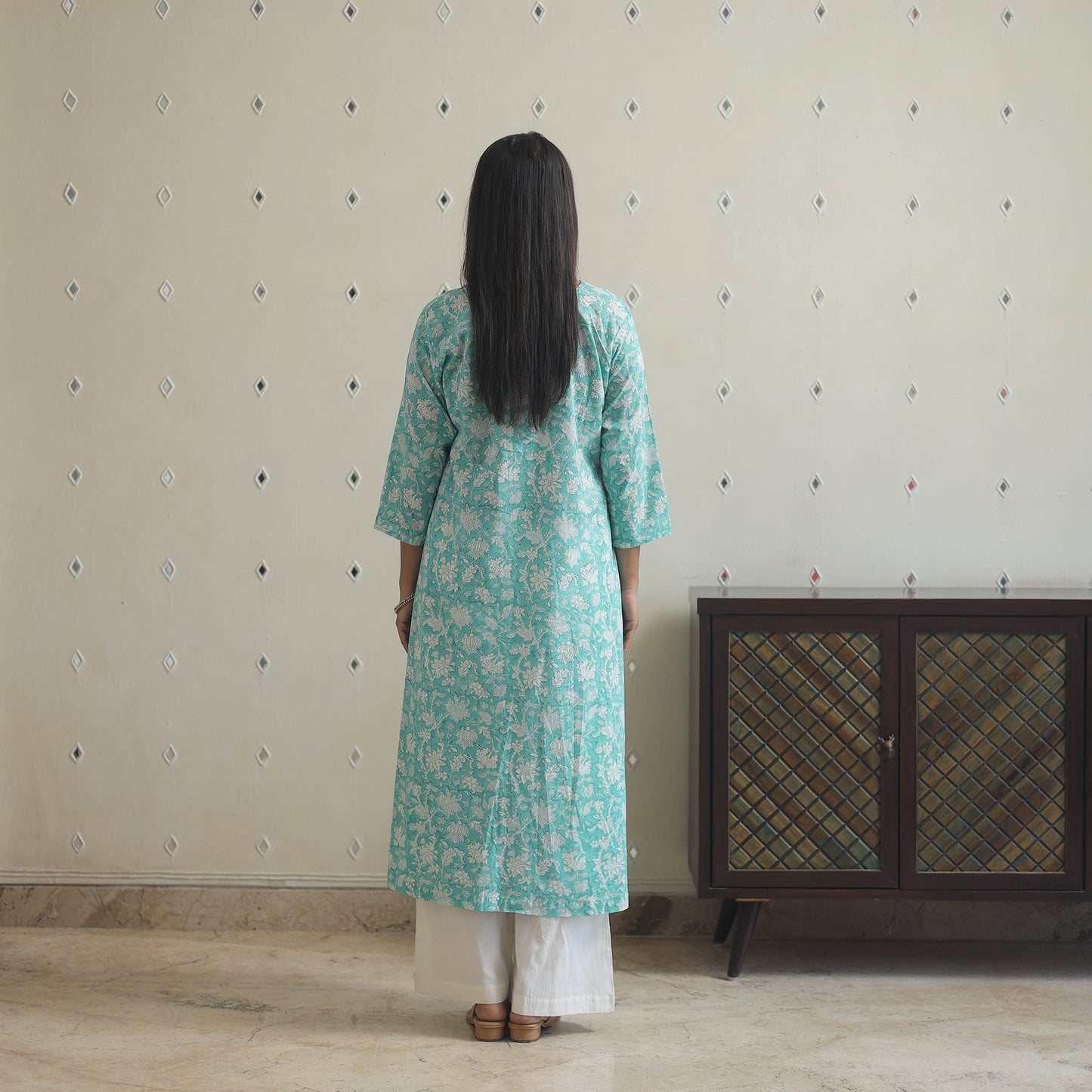 Aqua blue - cotton a-line sanganeri kurta 16 - handcrafted