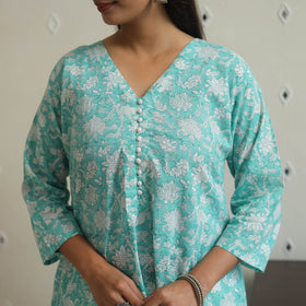 Aqua blue - cotton a-line sanganeri kurta 16 - handcrafted