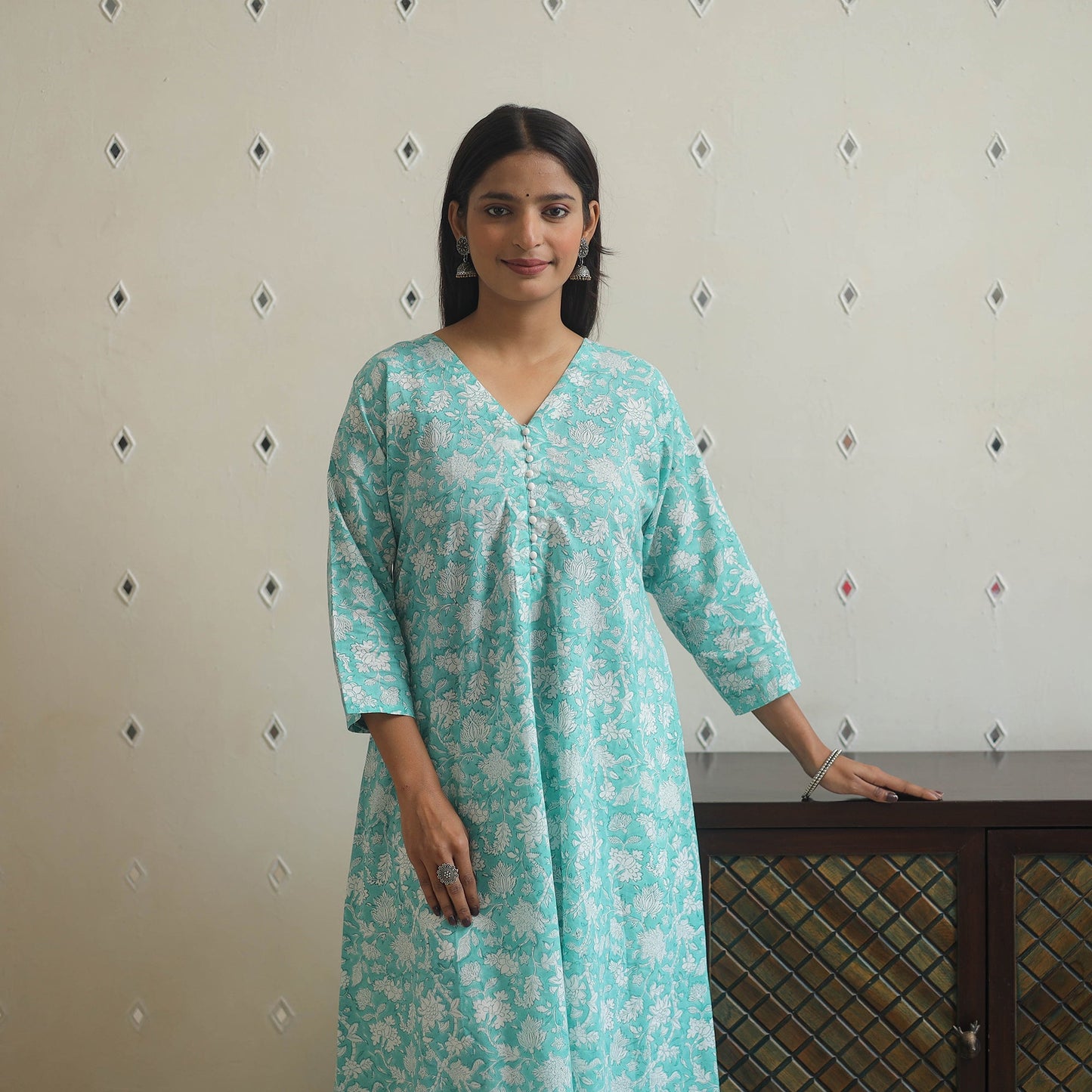 Aqua blue - cotton a-line sanganeri kurta 16 - handcrafted