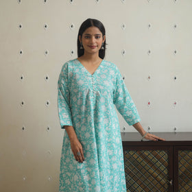 Aqua blue - cotton a-line sanganeri kurta 16 - handcrafted