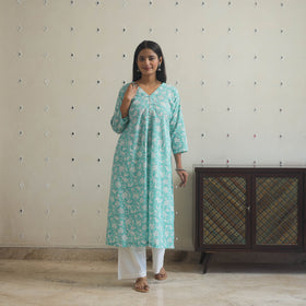Aqua blue - cotton a-line sanganeri kurta 16 - handcrafted