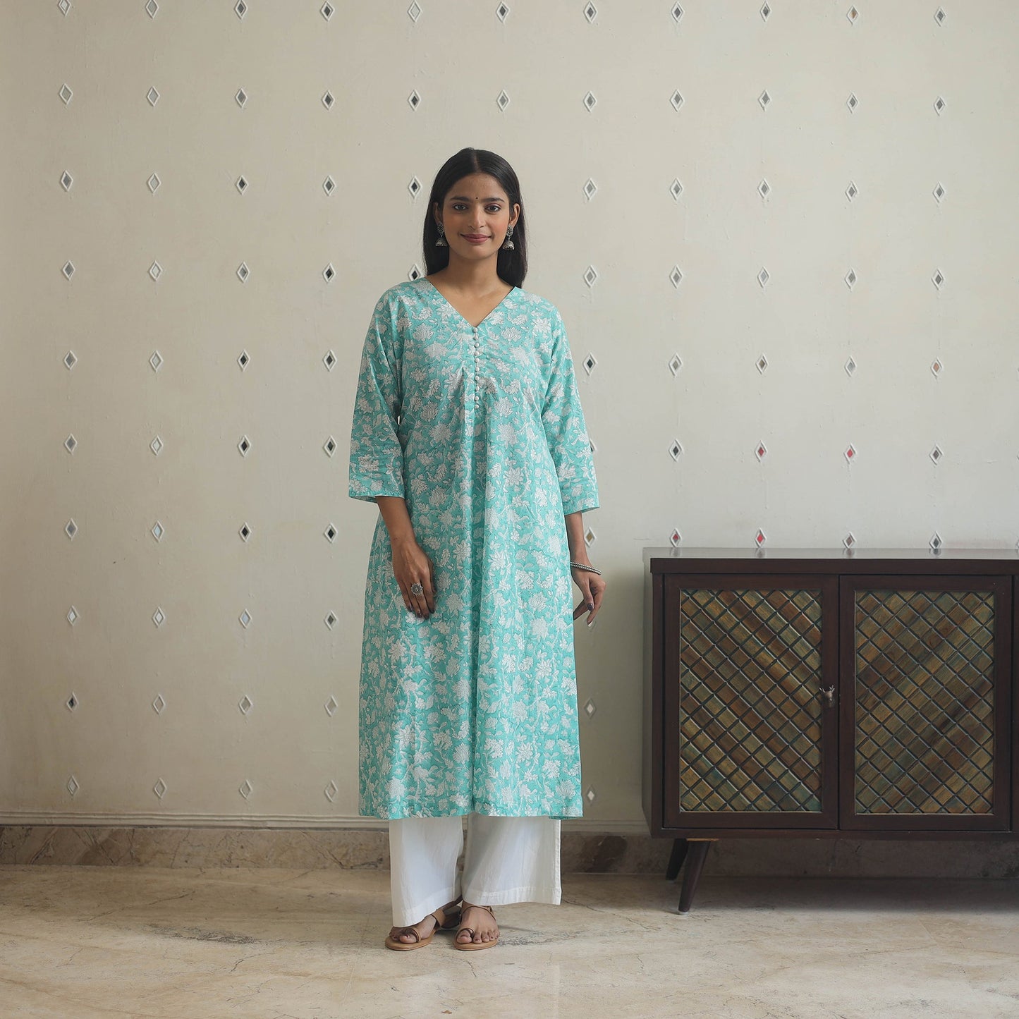 Aqua blue - cotton a-line sanganeri kurta 16 - handcrafted