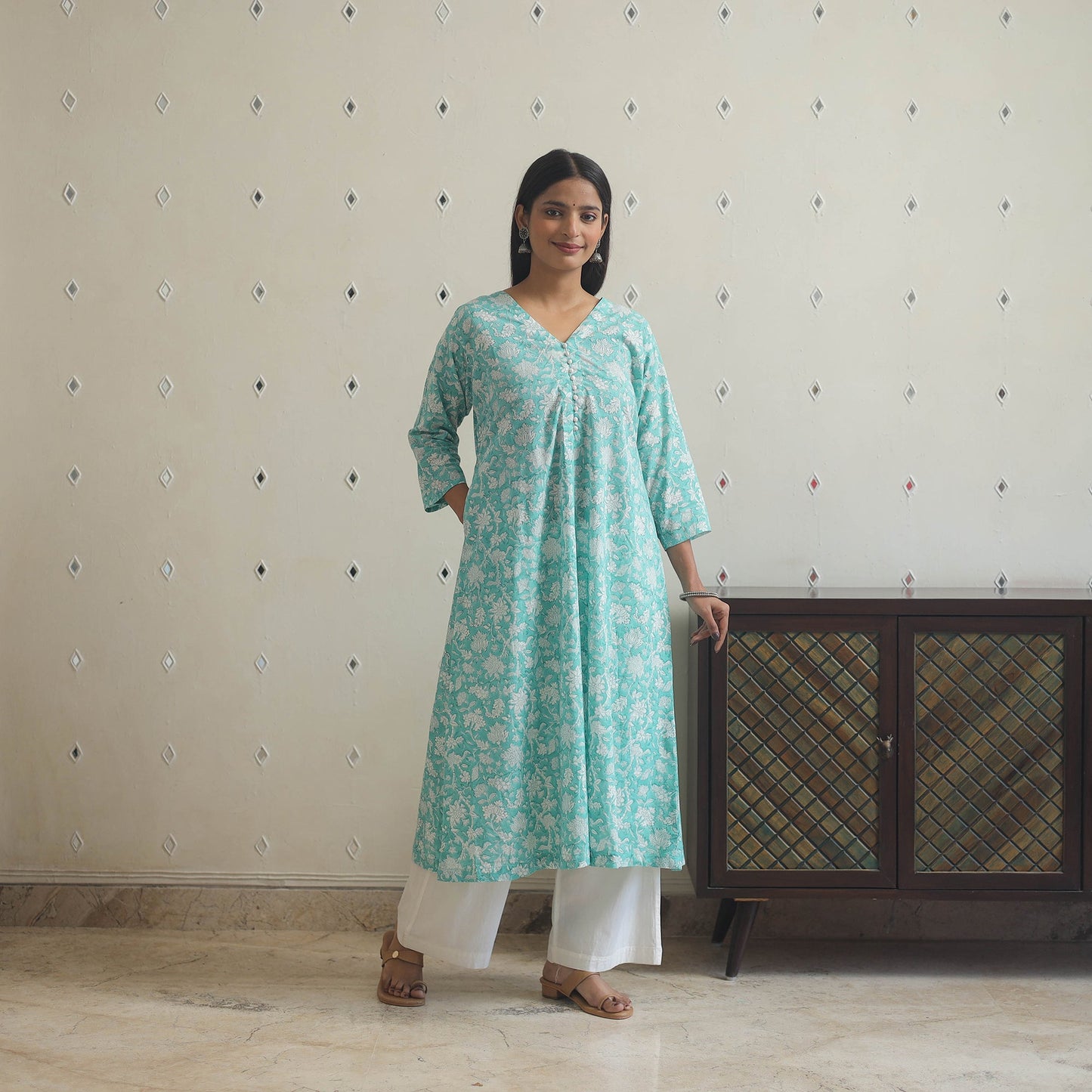 Aqua blue - cotton a-line sanganeri kurta 16 - handcrafted