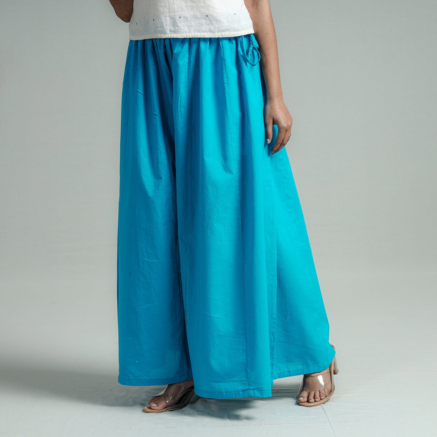  Aqua Blue Plain Dyed Cotton Flared Palazzo | iTokri