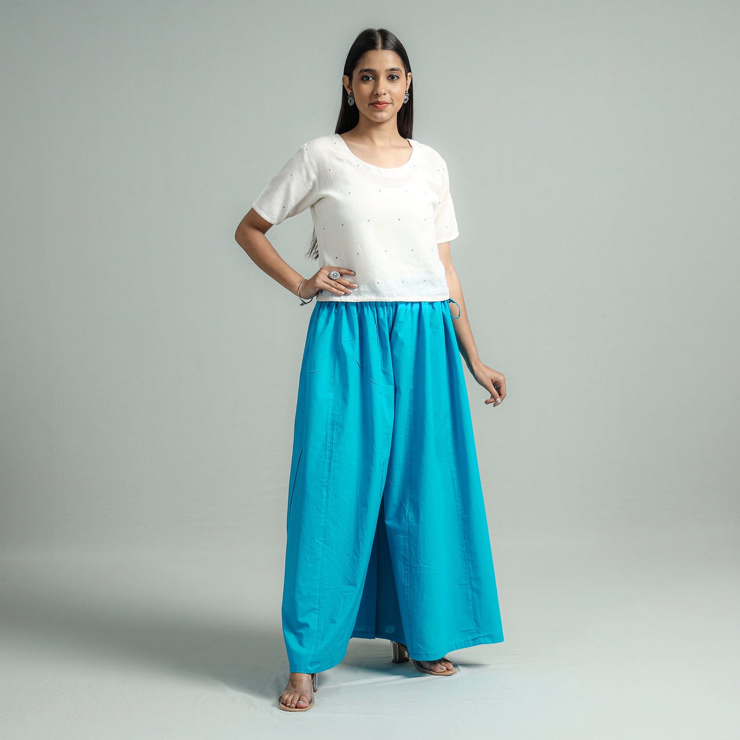  Aqua Blue Plain Dyed Cotton Flared Palazzo | iTokri