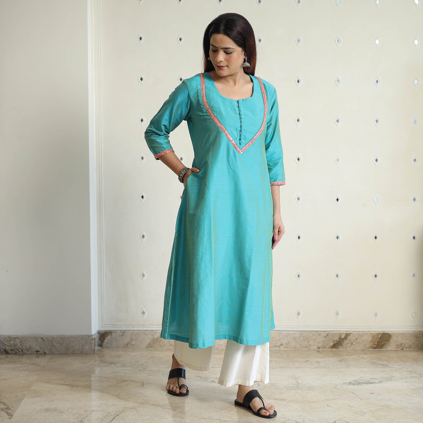 Buy Plain Solid Slub Silk A-Line Kurta with Beadwork Hand Embroidery Lace 13 Online at iTokri.com