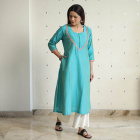 Buy Plain Solid Slub Silk A-Line Kurta with Beadwork Hand Embroidery Lace 13 Online at iTokri.com