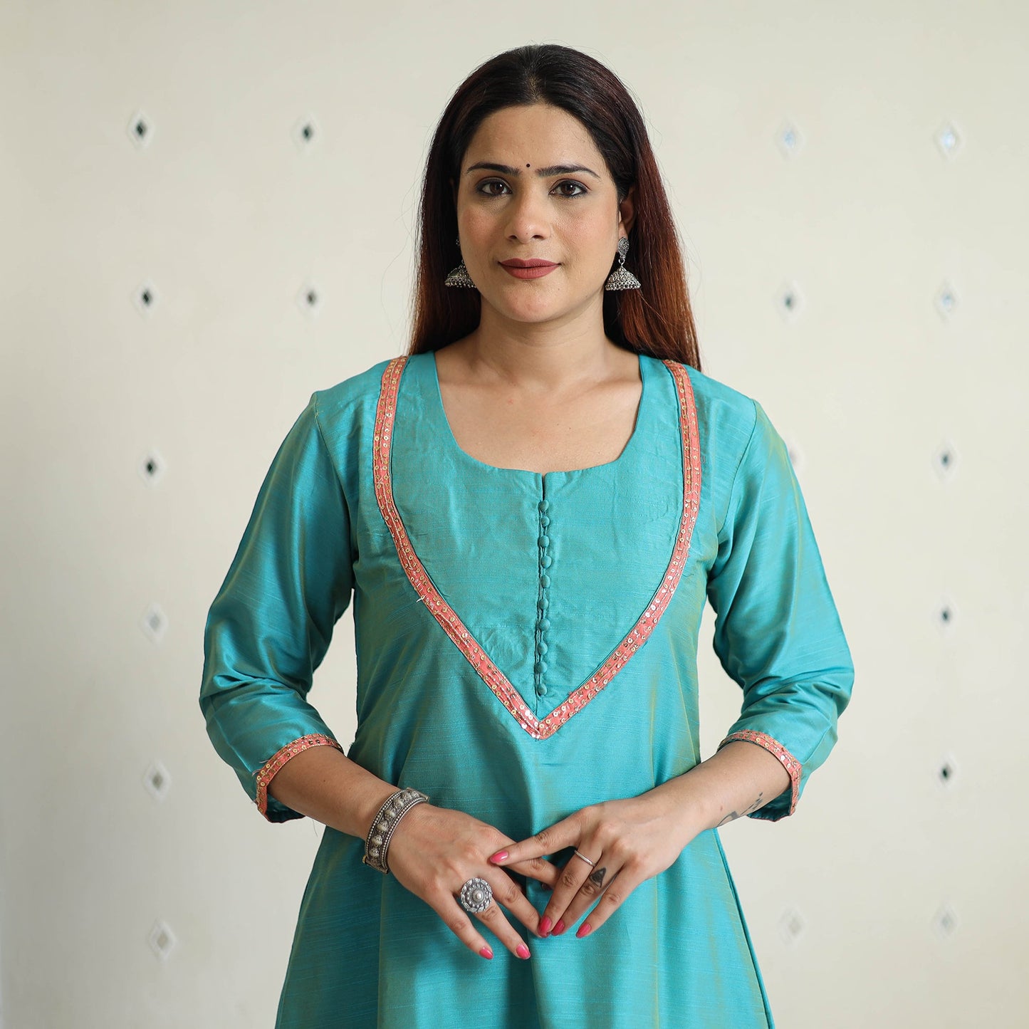 Buy Plain Solid Slub Silk A-Line Kurta with Beadwork Hand Embroidery Lace 13 Online at iTokri.com
