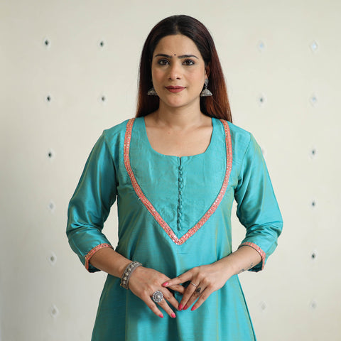 Buy Plain Solid Slub Silk A-Line Kurta with Beadwork Hand Embroidery Lace 13 Online at iTokri.com