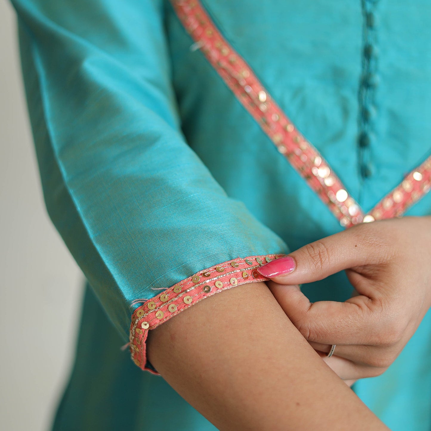Buy Plain Solid Slub Silk A-Line Kurta with Beadwork Hand Embroidery Lace 13 Online at iTokri.com