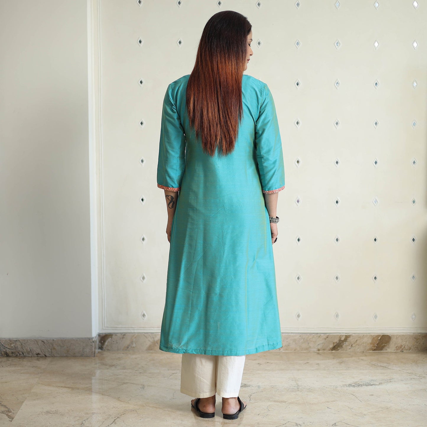 Buy Plain Solid Slub Silk A-Line Kurta with Beadwork Hand Embroidery Lace 13 Online at iTokri.com