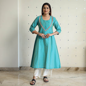 Buy Plain Solid Slub Silk A-Line Kurta with Beadwork Hand Embroidery Lace 13 Online at iTokri.com