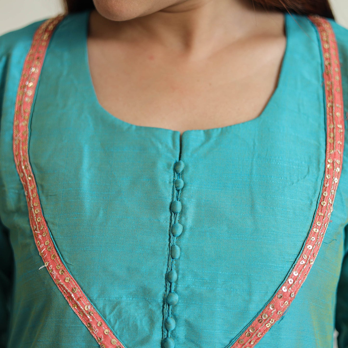 Buy Plain Solid Slub Silk A-Line Kurta with Beadwork Hand Embroidery Lace 13 Online at iTokri.com