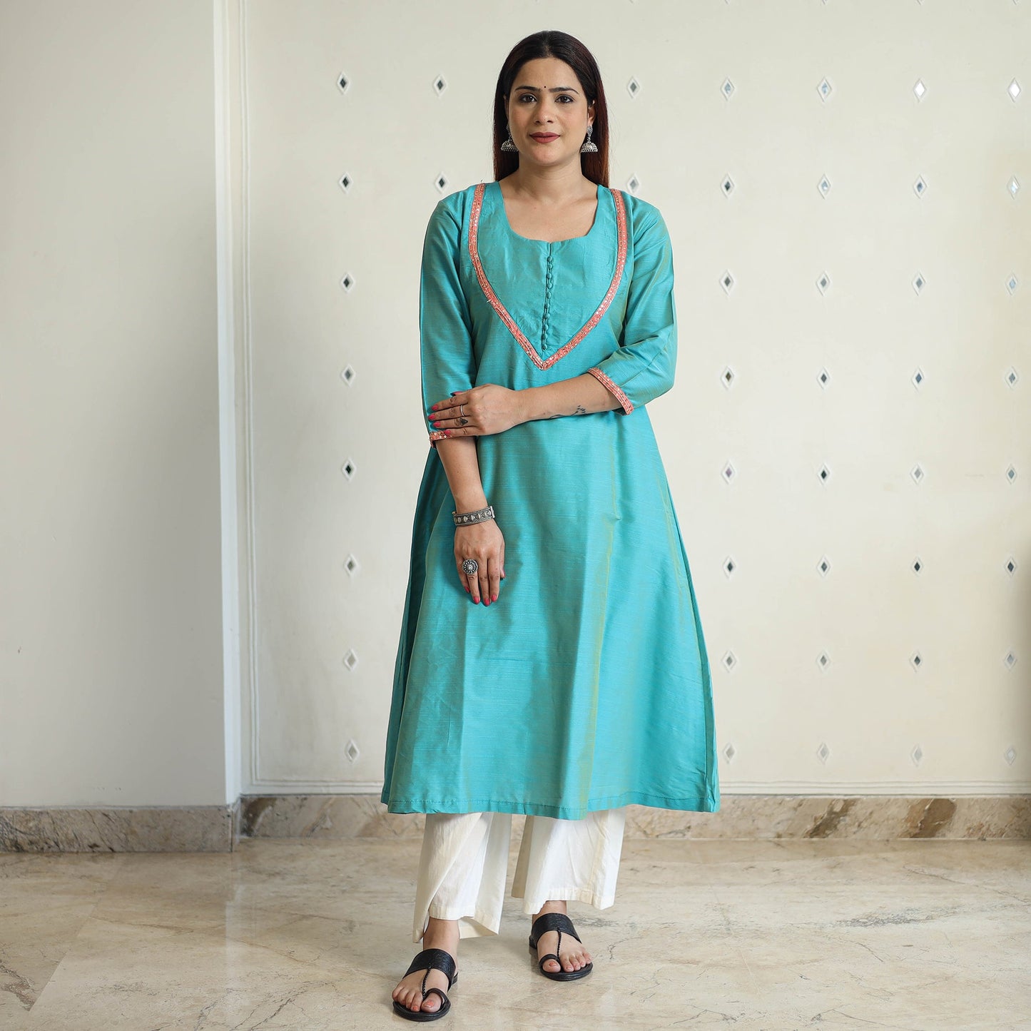 Buy Plain Solid Slub Silk A-Line Kurta with Beadwork Hand Embroidery Lace 13 Online at iTokri.com