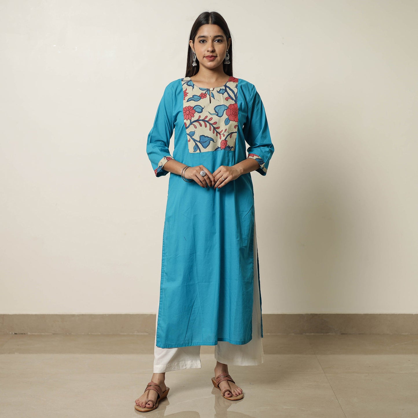  Srikalahasti Kalamkari Patchwork Plain Cotton Long Straight Kurta 17 