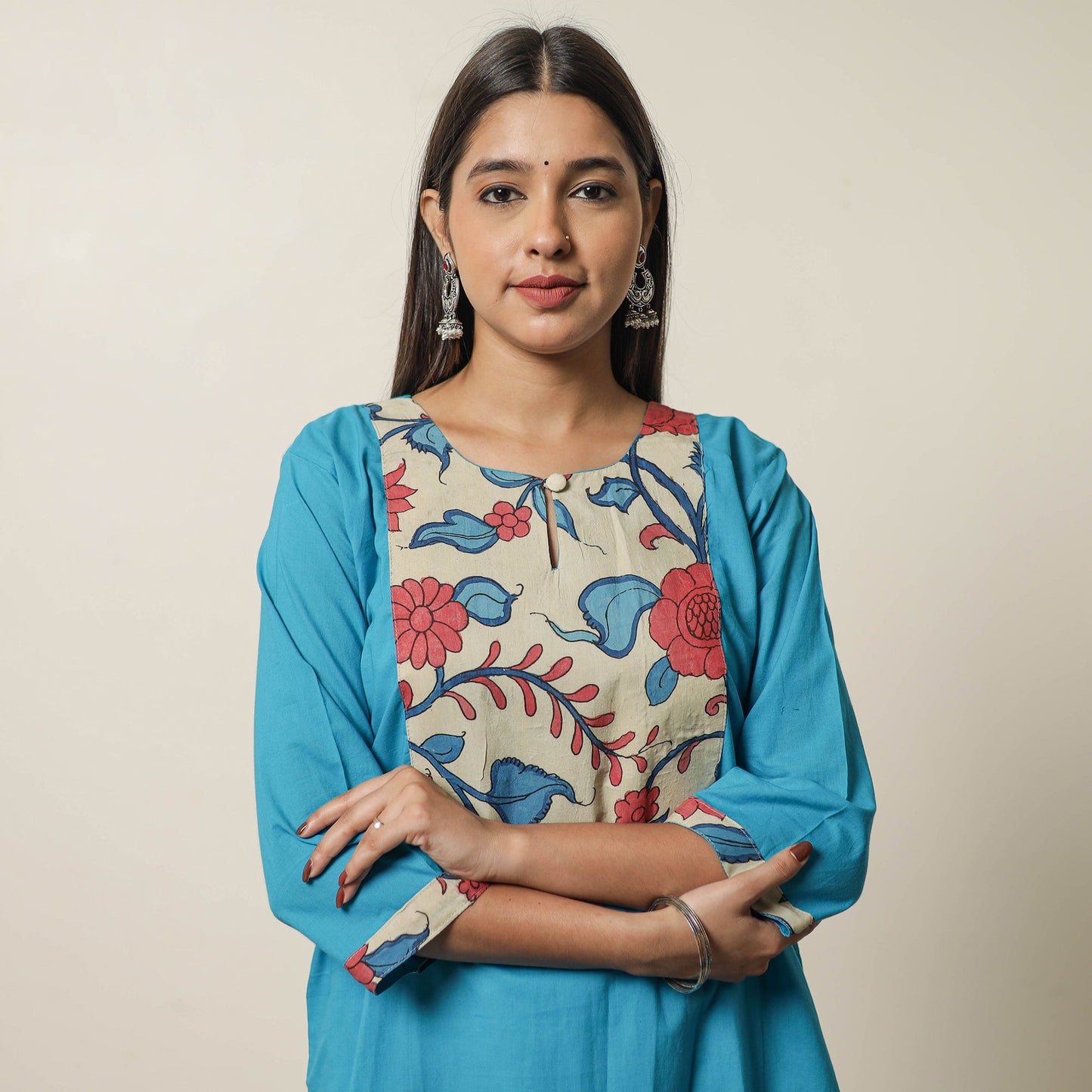  Srikalahasti Kalamkari Patchwork Plain Cotton Long Straight Kurta 17 