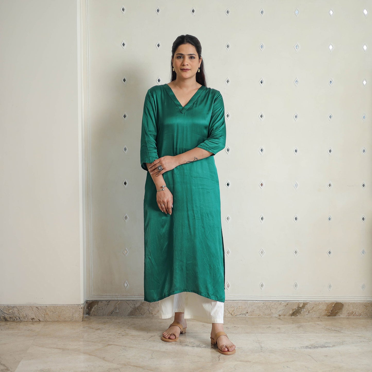 Aradhya dark green modal silk plain straight kurta