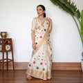 White Assam Handloom Silk Cotton Mekhela Chador with Blouse Piece, draped and worn by a woman, AI visual of the saree, iTokri