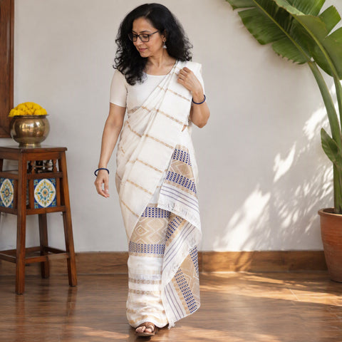 White Assam Handloom Silk Cotton Mekhela Chador with Blouse Piece, draped and worn by a woman, AI visual of the saree, iTokri