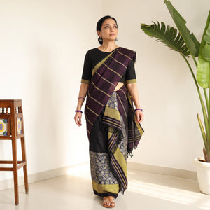 Black Assam Handloom Silk Cotton Mekhela Chador with Blouse Piece, draped and worn by a woman, AI visual of the saree, iTokri
