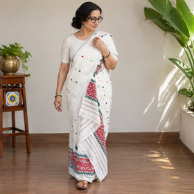 White Assam Handloom Silk Cotton Mekhela Chador with Blouse Piece, draped and worn by a woman, AI visual of the saree, iTokri