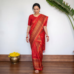 Red Assam Handloom Silk Cotton Mekhela Chador with Blouse Piece, draped and worn by a woman, AI visual of the saree, iTokri