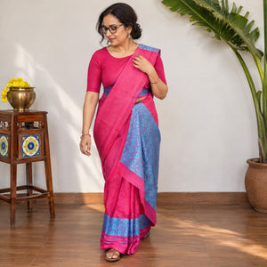 Pink Assam Handloom Silk Cotton Mekhela Chador with Blouse Piece, draped and worn by a woman, AI visual of the saree, iTokri