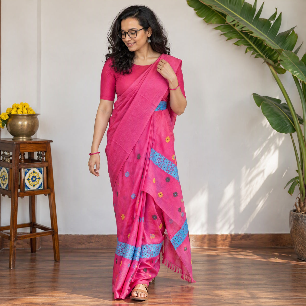 Pink Assam Handloom Silk Cotton Mekhela Chador with Blouse Piece, draped and worn by a woman, AI visual of the saree, iTokri
