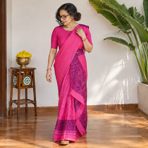 Pink Assam Handloom Silk Cotton Mekhela Chador with Blouse Piece, draped and worn by a woman, AI visual of the saree, iTokri